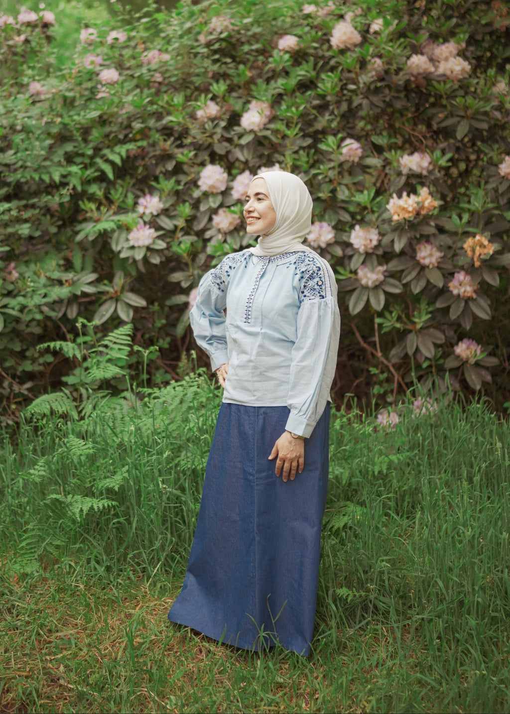 Balloon Sleeves Linen Embroidered Blouse