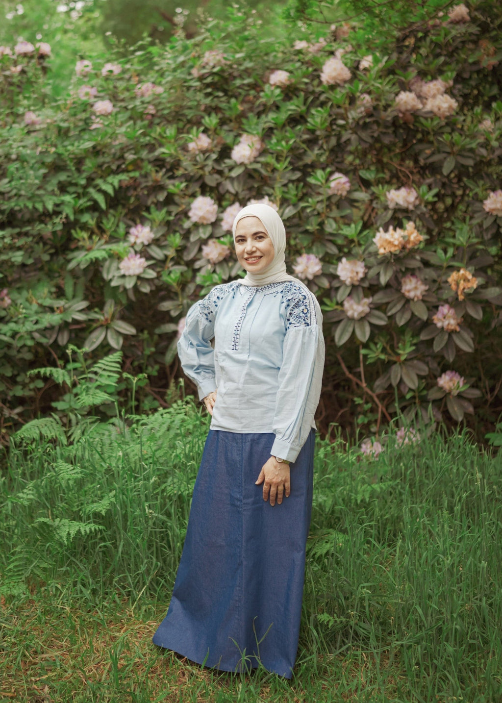 Balloon Sleeves Linen Embroidered Blouse