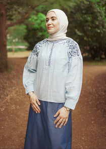 Balloon Sleeves Linen Embroidered Blouse