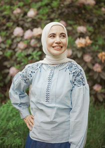 Balloon Sleeves Linen Embroidered Blouse