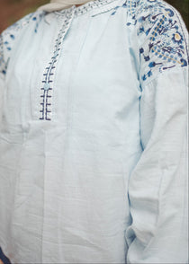 Balloon Sleeves Linen Embroidered Blouse