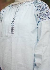 Balloon Sleeves Linen Embroidered Blouse