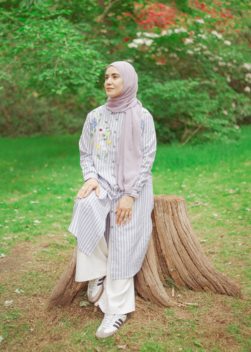 Striped Shirt Dress with Floral Embroidery