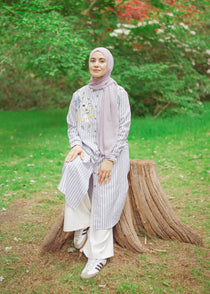 Striped Shirt Dress with Floral Embroidery