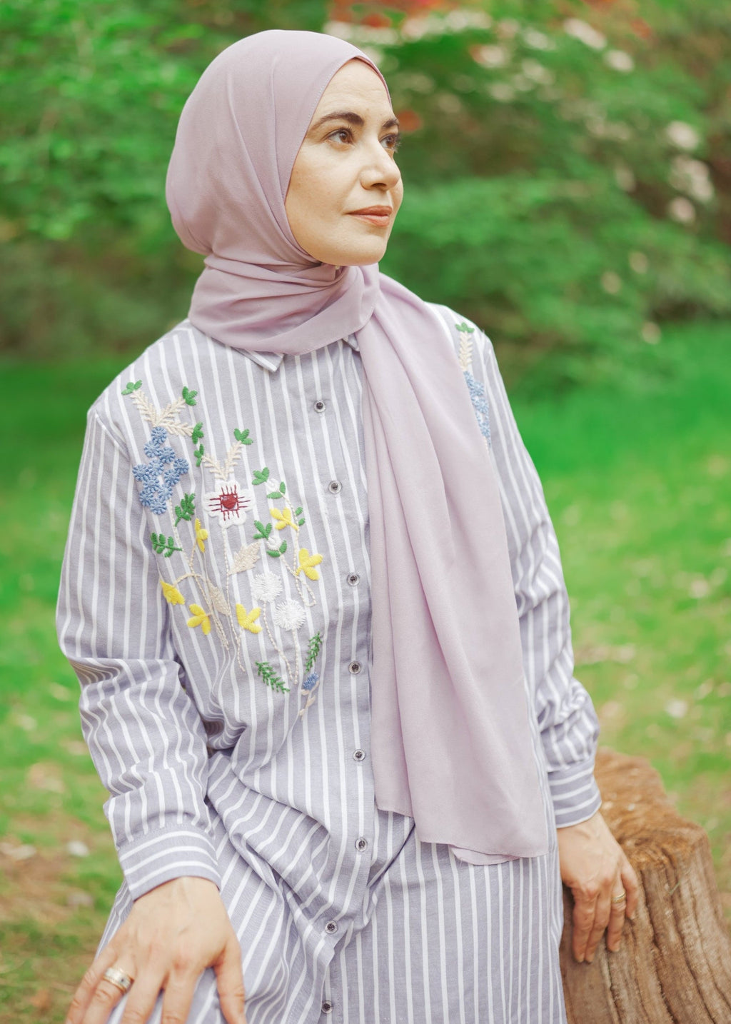 Striped Shirt Dress with Floral Embroidery