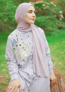 Striped Shirt Dress with Floral Embroidery