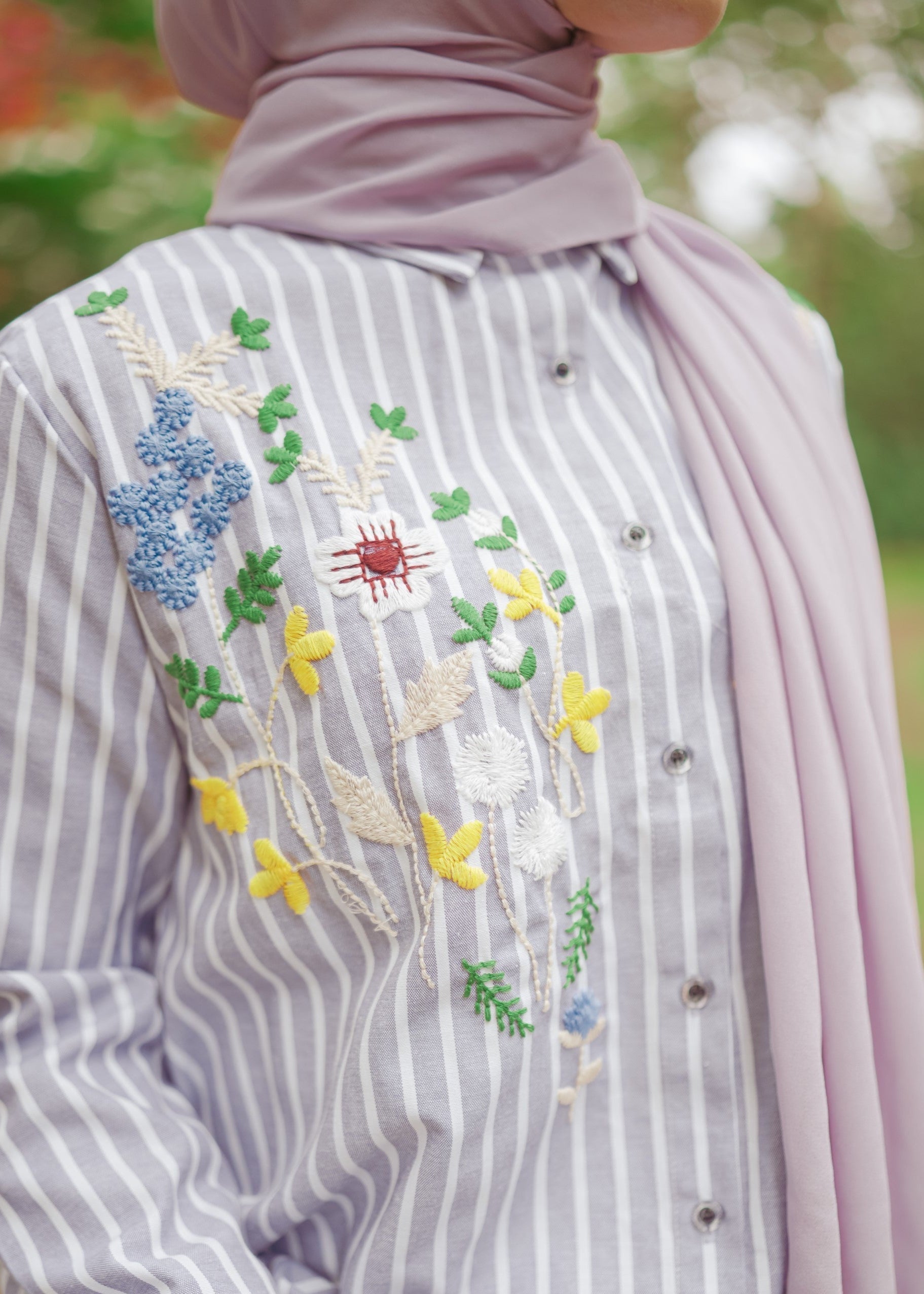 Striped Shirt Dress with Floral Embroidery