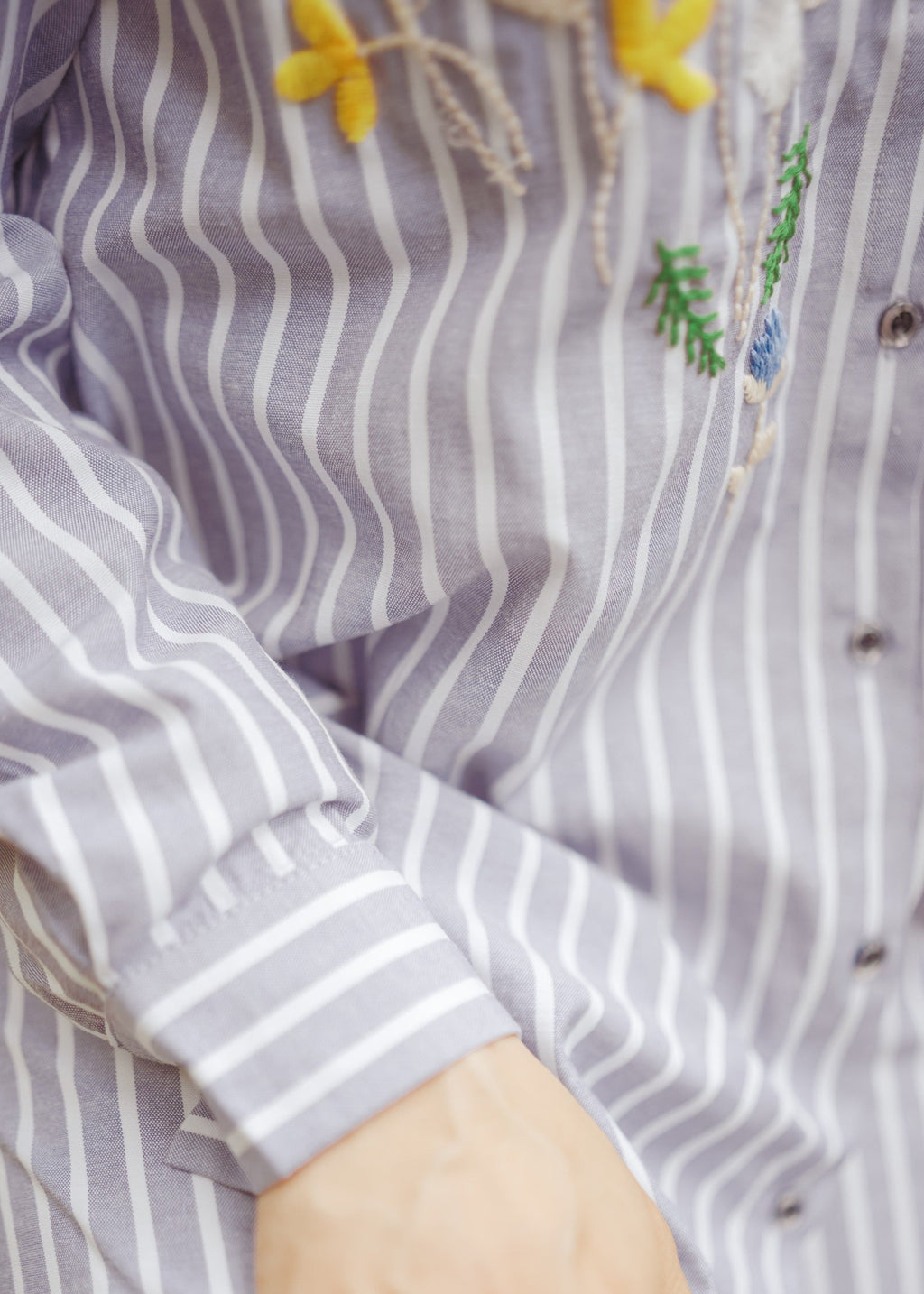 Striped Shirt Dress with Floral Embroidery