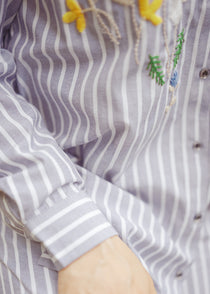 Striped Shirt Dress with Floral Embroidery