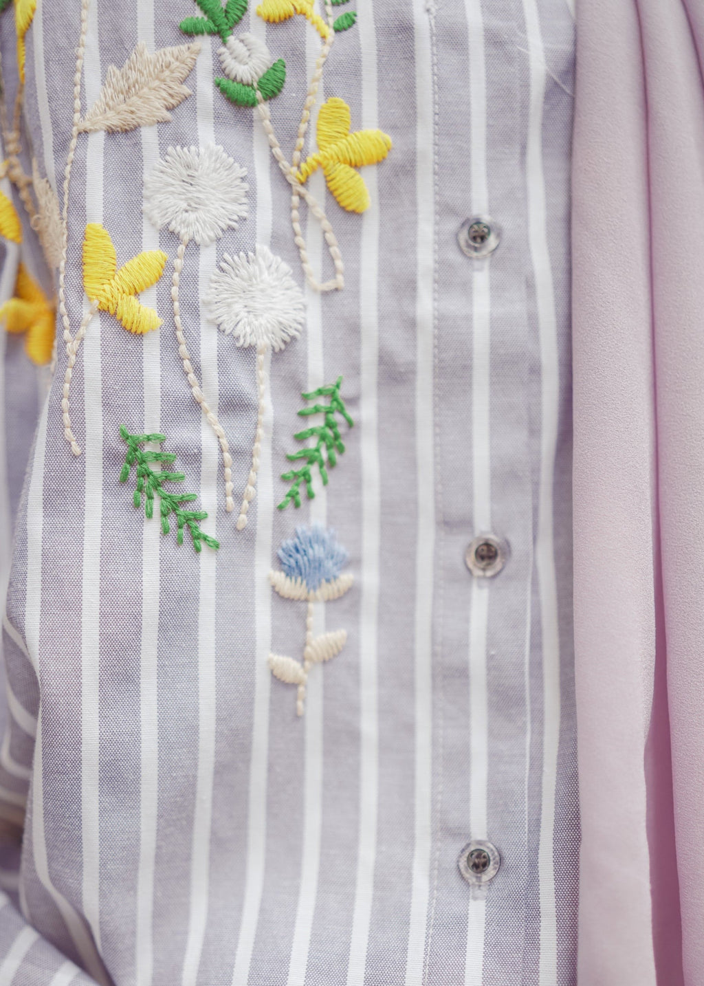 Striped Shirt Dress with Floral Embroidery