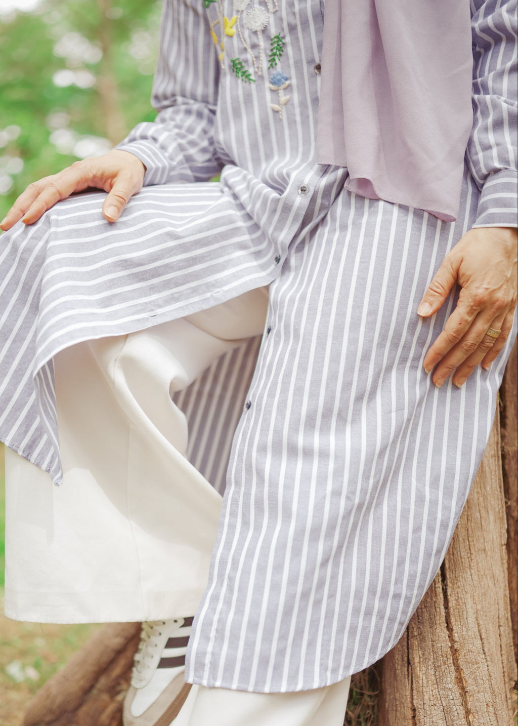 Striped Shirt Dress with Floral Embroidery