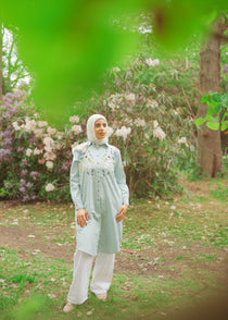 Striped Shirt Dress with Floral Embroidery