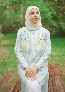 Striped Shirt Dress with Floral Embroidery
