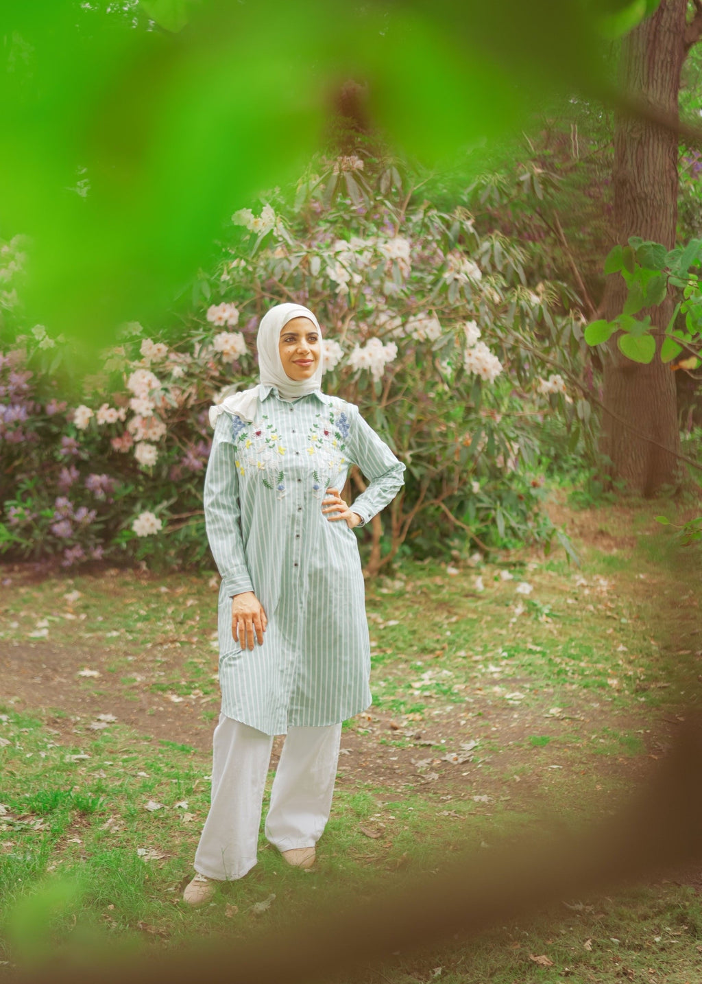 Striped Shirt Dress with Floral Embroidery