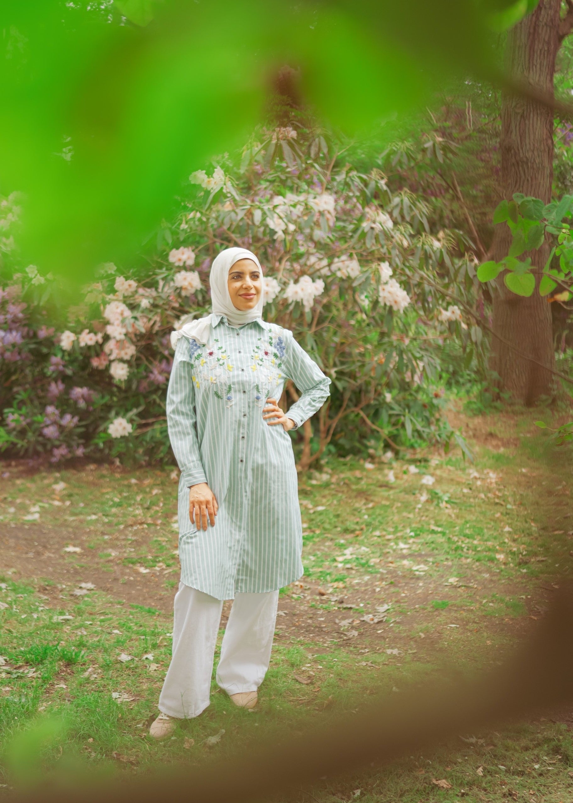 Striped Shirt Dress with Floral Embroidery