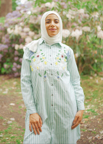 Striped Shirt Dress with Floral Embroidery