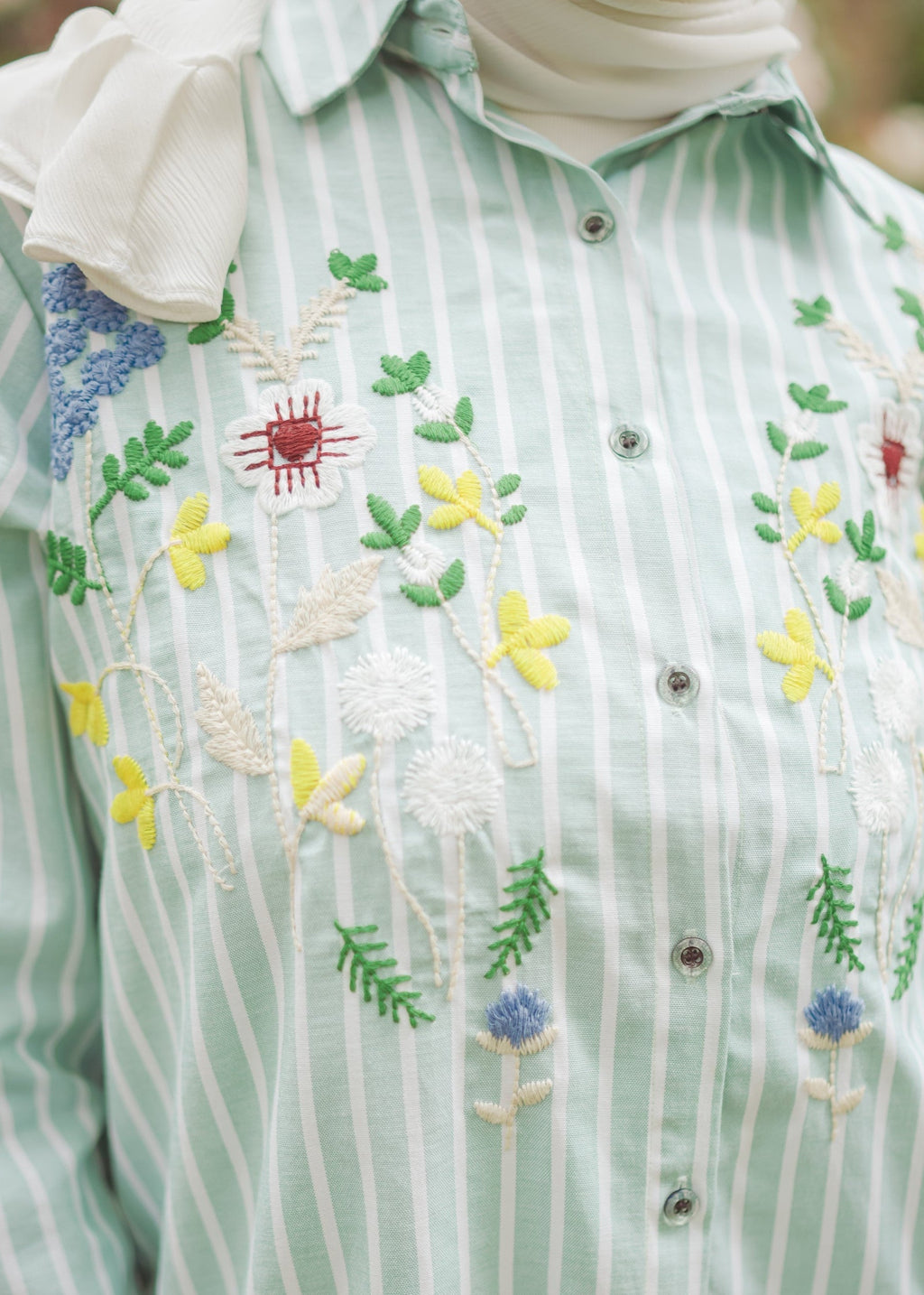 Striped Shirt Dress with Floral Embroidery