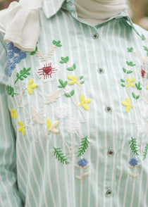 Striped Shirt Dress with Floral Embroidery