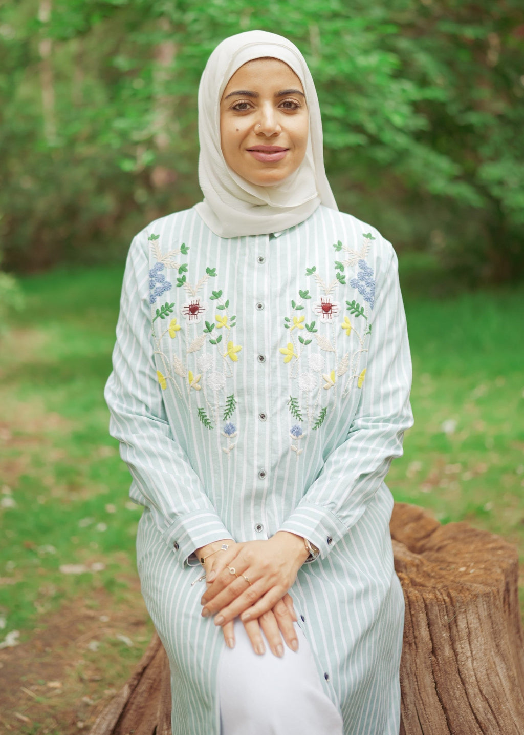 Striped Shirt Dress with Floral Embroidery